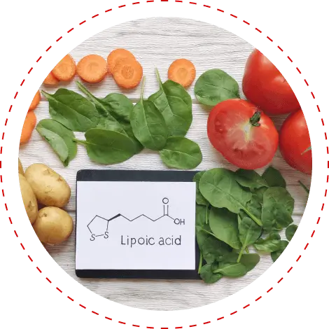 Alpha-lipoic acid food sources and molecule sketch